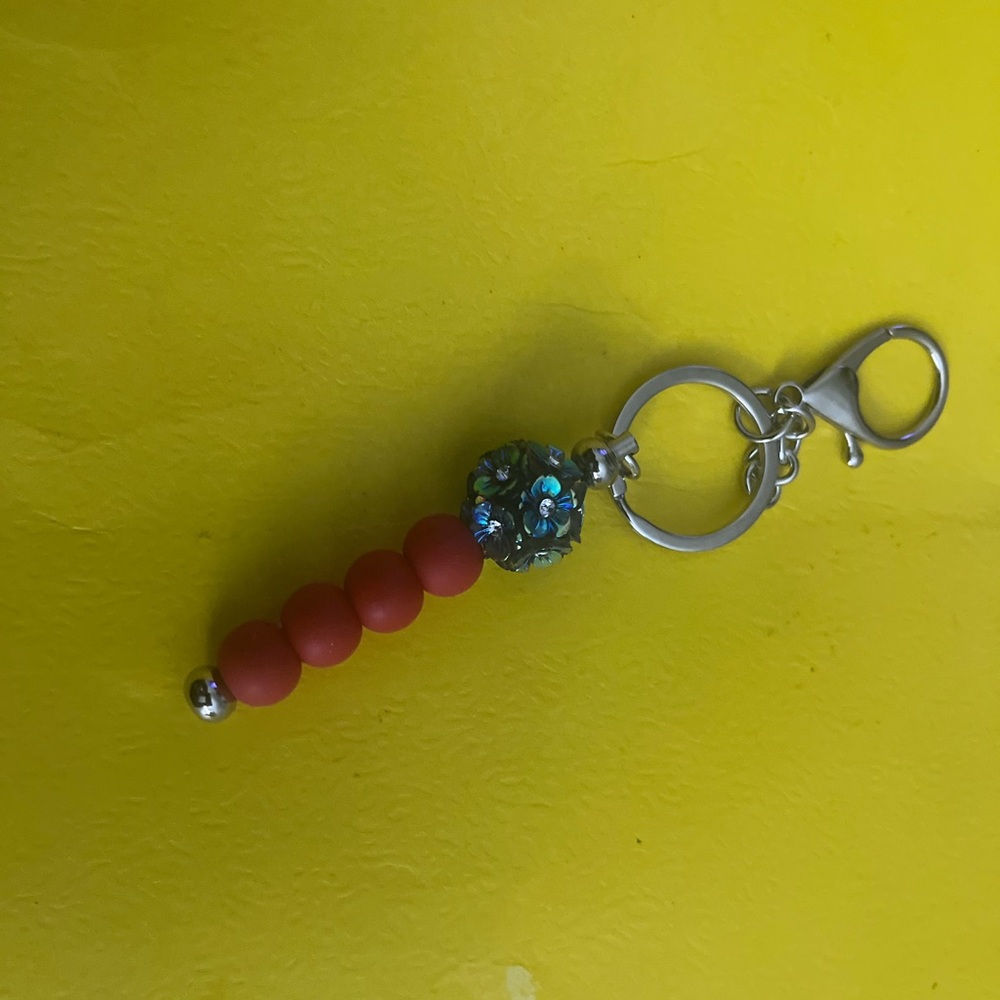 Vibrant Red and Blue Beaded Keychain